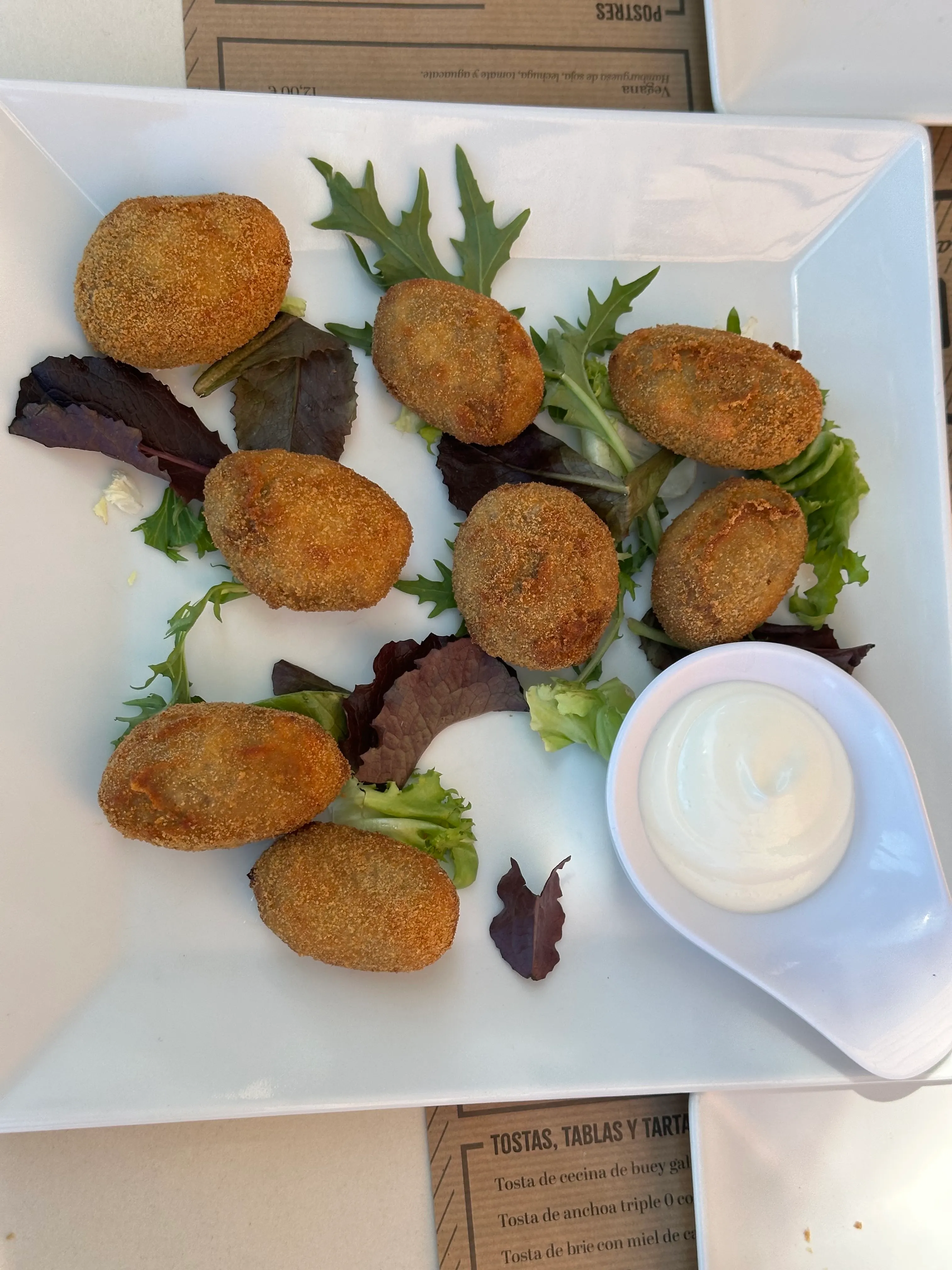 Croquetas crujientes con guarnición de hojas y alioli